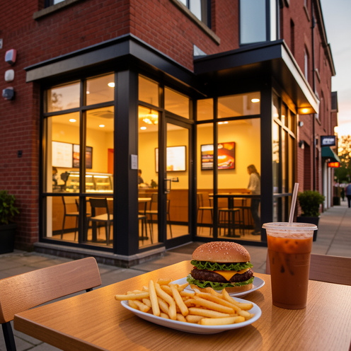 Restaurant de restauration rapide moderne à Solihull au coucher du soleil, avec un repas composé d’un burger, de frites et d’une boisson sur une table.
