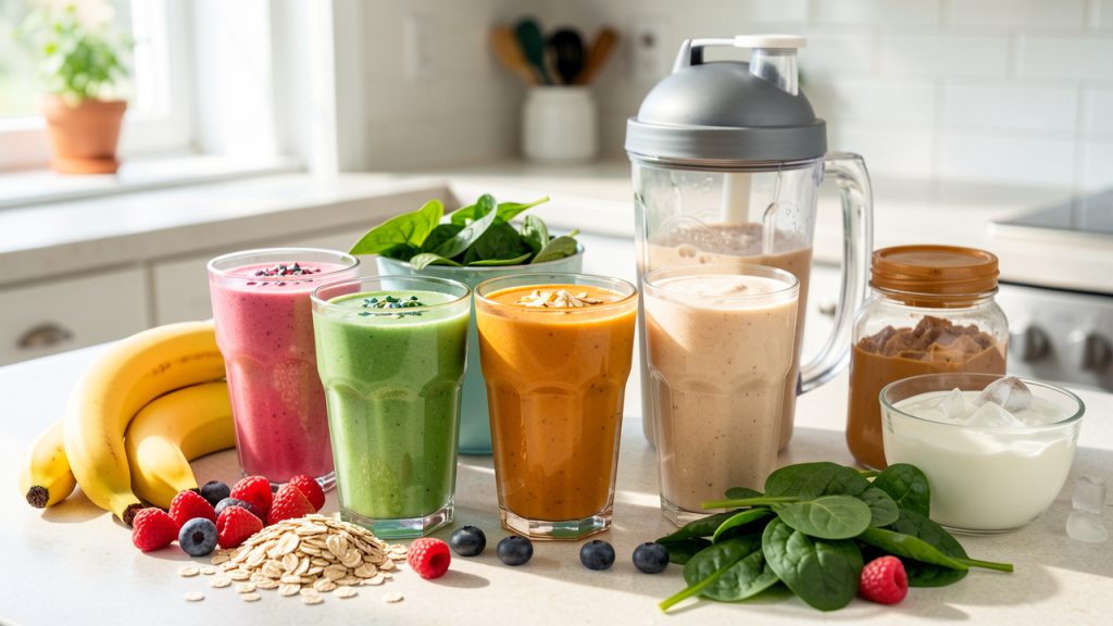 Cinq shakes protéinés maison colorés avec un shaker transparent et des ingrédients frais comme des fruits rouges, des bananes, des flocons d’avoine, des épinards et du yaourt.