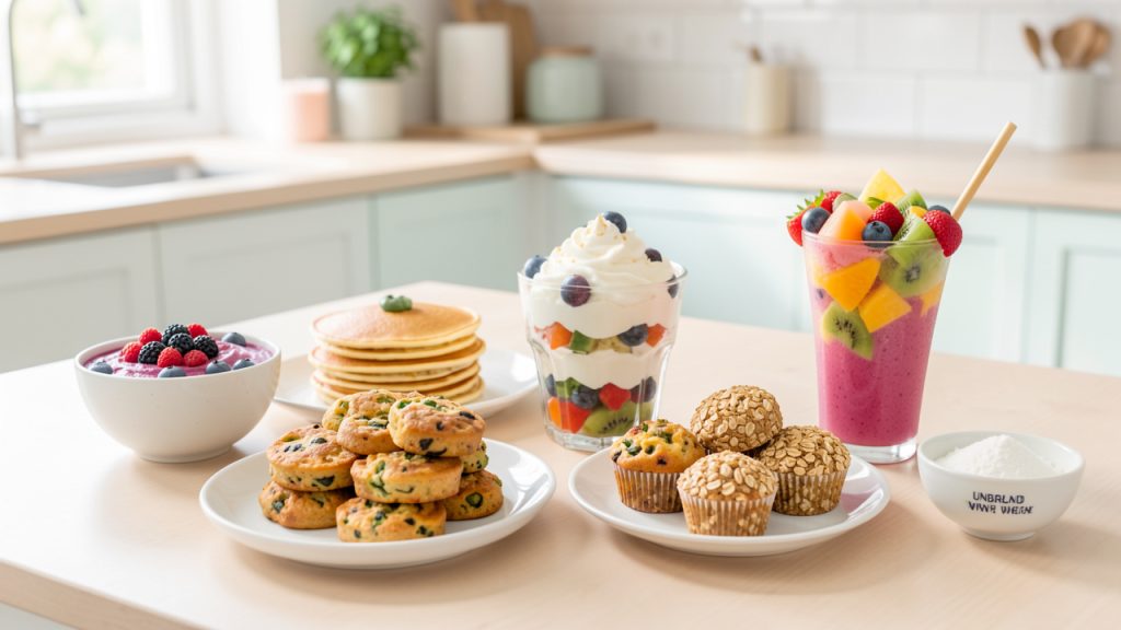Assortiment de six recettes légères et gourmandes enrichies en protéines, avec un bol de poudre de whey isolate dans une cuisine lumineuse.