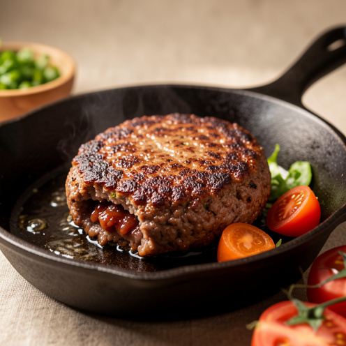Steak haché de burger épais en train de cuire dans une poêle en fonte, avec une croûte dorée et des ingrédients frais disposés à proximité.