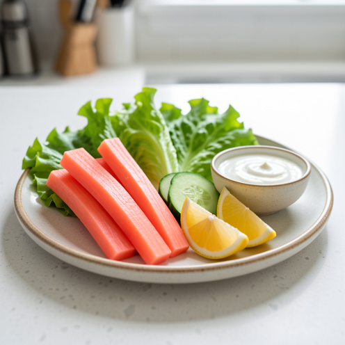 Bâtonnets de surimi servis avec de la salade, du concombre, du citron et une sauce au yaourt dans une cuisine lumineuse.