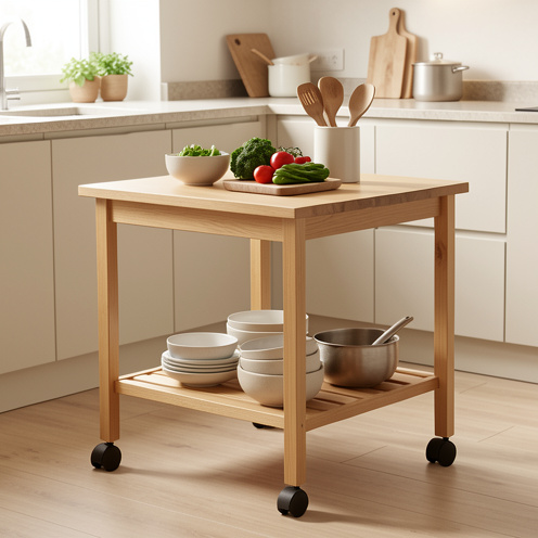 Table de cuisine compacte sur roulettes, en bois clair, avec une étagère de rangement et des ustensiles disposés dans une cuisine moderne.