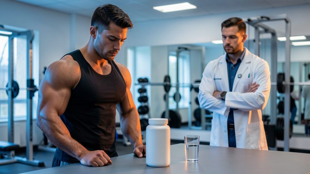 Un athlète masculin de sport de combat se prépare à l’entraînement près d’un contenant de complément sans inscription, sous l’observation d’un scientifique du sport.