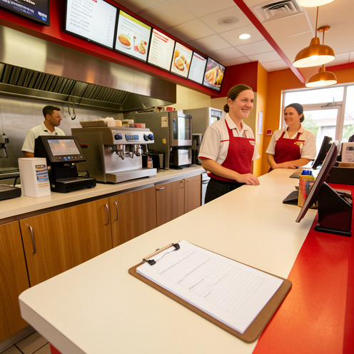 Intérieur accueillant d’un restaurant de restauration rapide en Nouvelle-Zélande, avec comptoir, équipements de cuisine, uniformes et dossier de candidature vierge.
