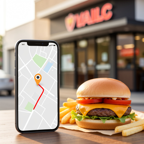 Smartphone affichant une carte abstraite avec un itinéraire vers un restaurant de burgers, accompagné d’un hamburger et de frites.
