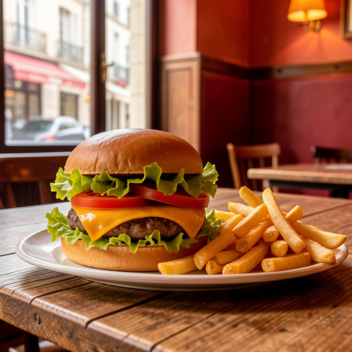 Burger gourmand accompagné de frites dorées sur une table en bois dans une ambiance chaleureuse de restaurant du quartier des Chartrons à Bordeaux.