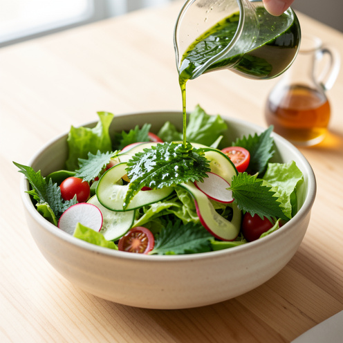 Vinaigrette fraîche au shiso versée sur une salade colorée composée de laitue, concombre, radis, tomates cerises et feuilles de shiso.