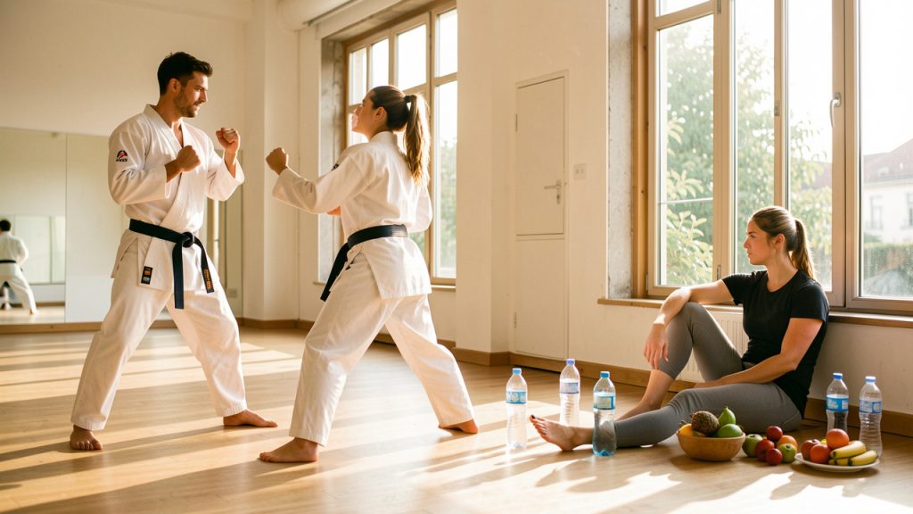Un homme et une femme pratiquant des mouvements contrôlés d’arts martiaux dans une salle lumineuse, avec une ambiance axée sur la forme et la récupération.