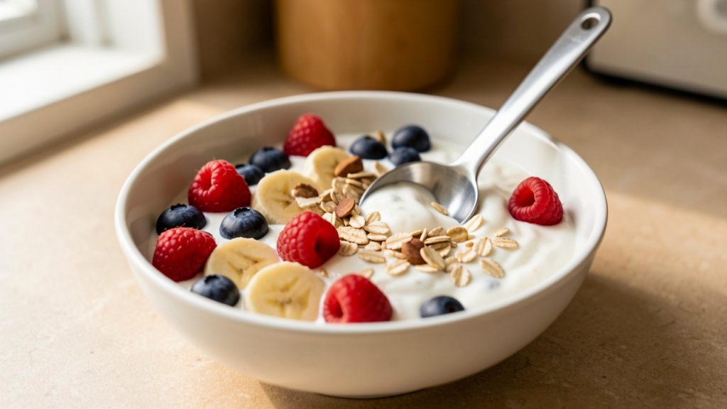 Bol de yaourt enrichi en whey protéinée, accompagné de fruits rouges, de flocons d’avoine, de rondelles de banane et de fruits à coque dans une cuisine lumineuse.