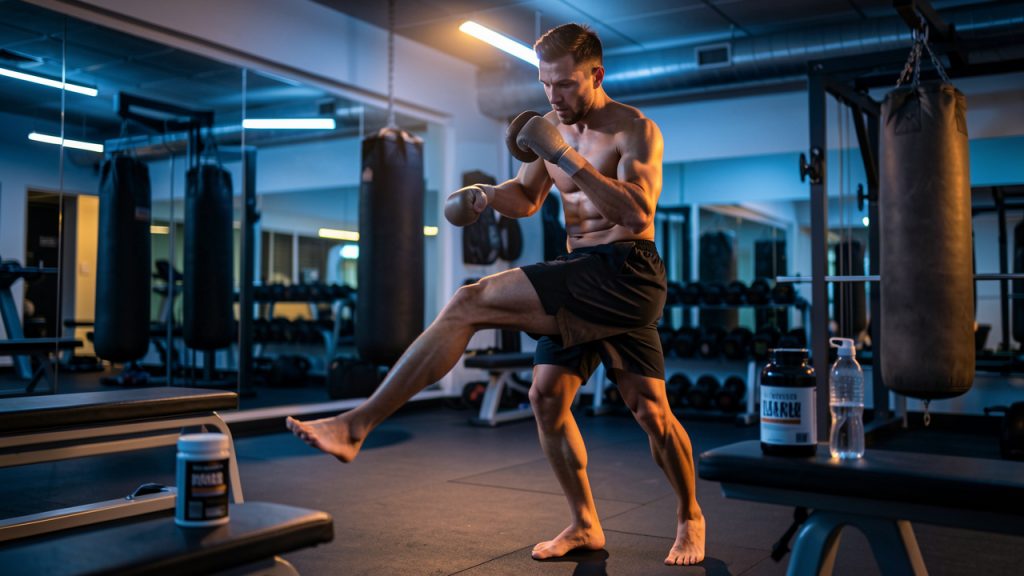 Un homme en bonne condition physique s’entraîne au kick-boxing dans un laboratoire sportif moderne, avec un contenant de complément alimentaire sans marque posé sur un banc.