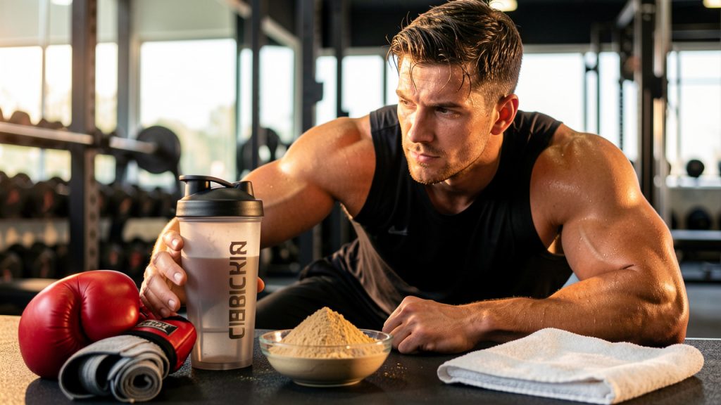 Un sportif de combat se repose après l’entraînement près d’un shaker sans marque, de gants de boxe et d’accessoires de récupération.