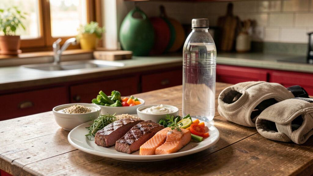 Repas équilibré pour un sportif de combat avec bœuf maigre grillé, saumon, yaourt nature, légumes colorés et céréales complètes.