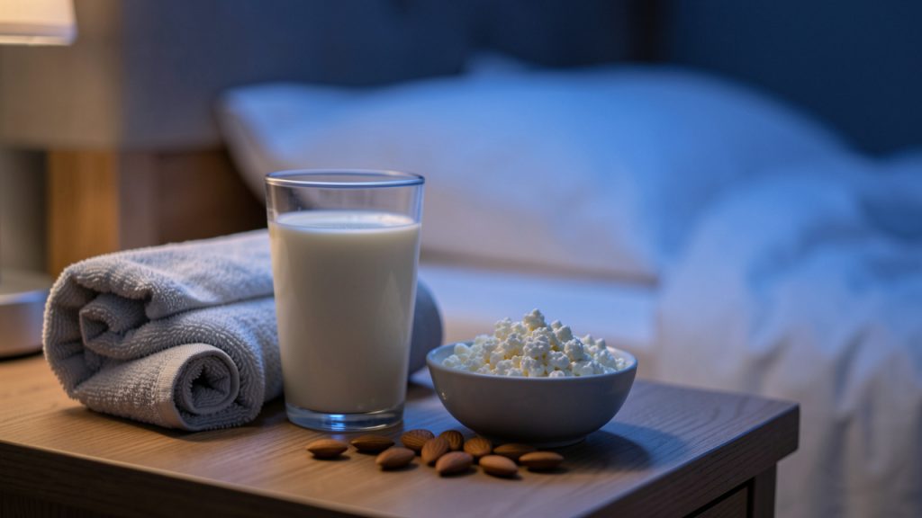 Boisson protéinée crémeuse, fromage frais et amandes posés sur une table de chevet dans une chambre éclairée par une lumière douce, évoquant la nutrition nocturne et la récupération musculaire.