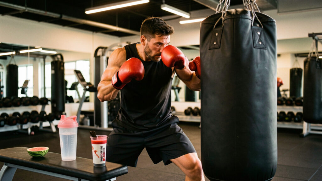 Un homme sportif s’entraîne à la boxe sur un sac de frappe dans une salle moderne, avec une gourde, de la pastèque coupée et une dose de complément sans étiquette posées sur un banc.