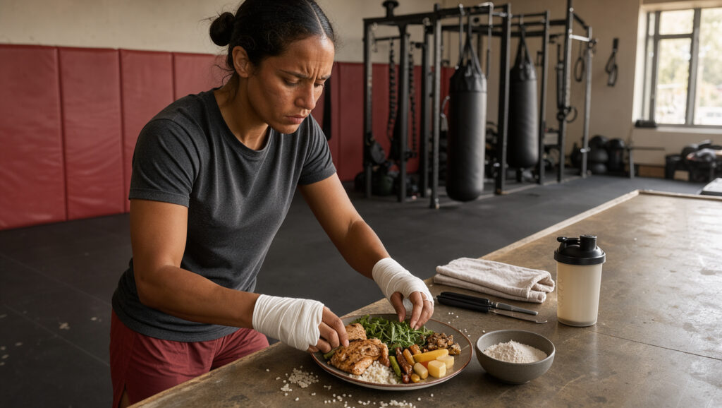 Une sportive de combat prépare un repas équilibré après l’entraînement, avec un shaker et un complément d’acides aminés posés à proximité.