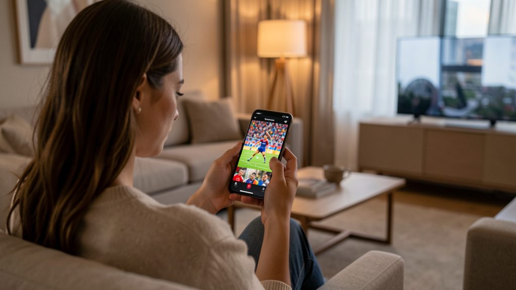 Une jeune femme consulte un direct sportif sur un smartphone dans un salon moderne, avec une ambiance chaleureuse et une interface générique sans éléments lisibles.