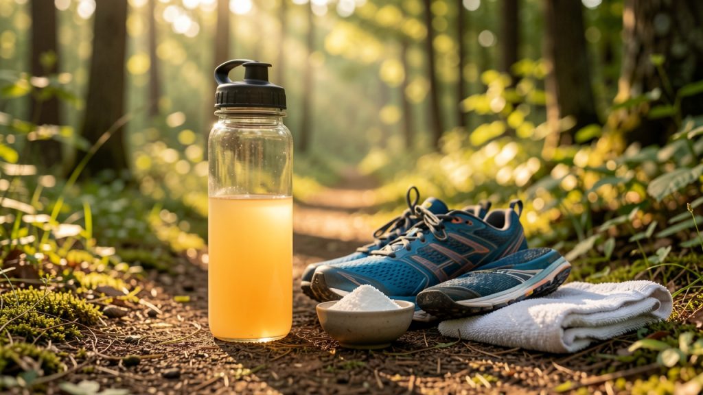 Gourde de boisson énergétique sans marque, poudre blanche et chaussures de course disposées près d’un sentier forestier pour illustrer le soutien de l’endurance et la récupération sportive.