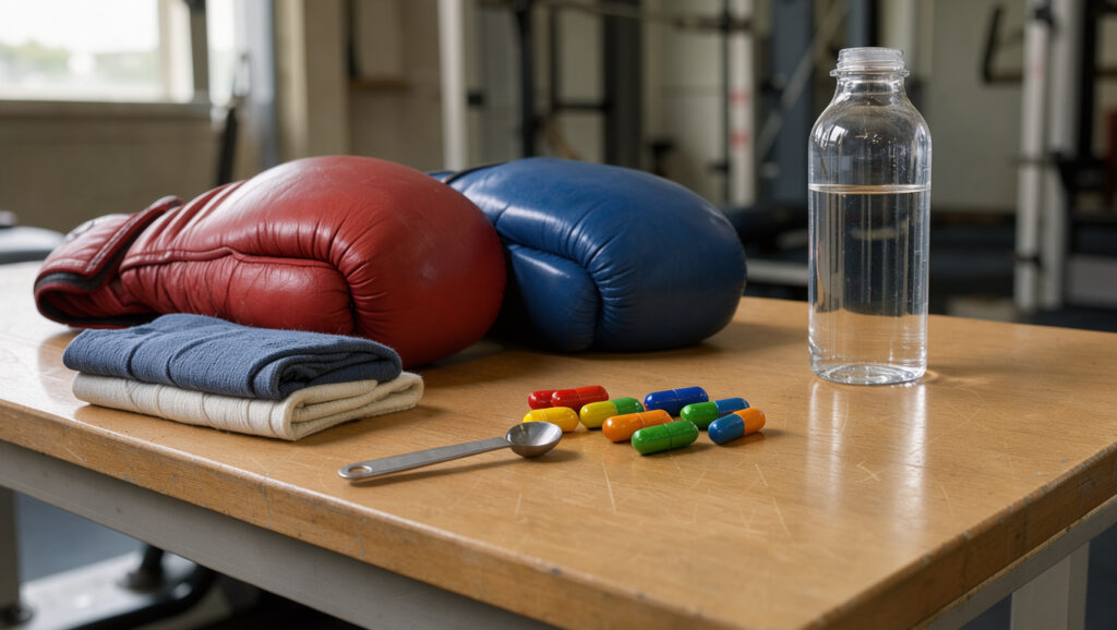 Compléments multivitaminés sans marque disposés avec une gourde, des bandes de boxe et des gants sur un banc d’entraînement.