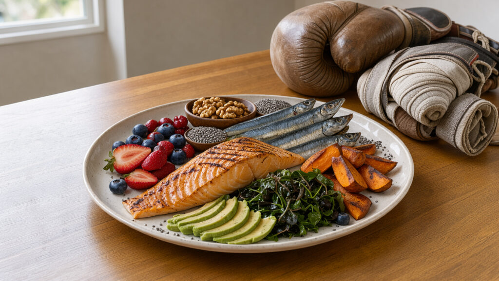 Repas de récupération composé de saumon grillé, sardines, noix, graines de chia, avocat, légumes verts, fruits rouges et patates douces, accompagné de gants et de bandes de boxe.