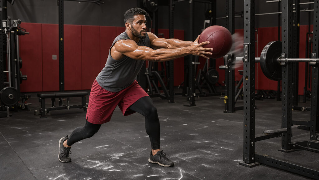 Un homme athlétique et musclé réalise un lancer explosif de medecine-ball dans une salle de sport, illustrant le développement de la masse musculaire sans perdre sa vitesse.