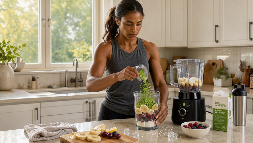 Une sportive de combat prépare un smoothie nourrissant à base de protéine de pois, de banane et de fruits rouges dans une cuisine lumineuse.