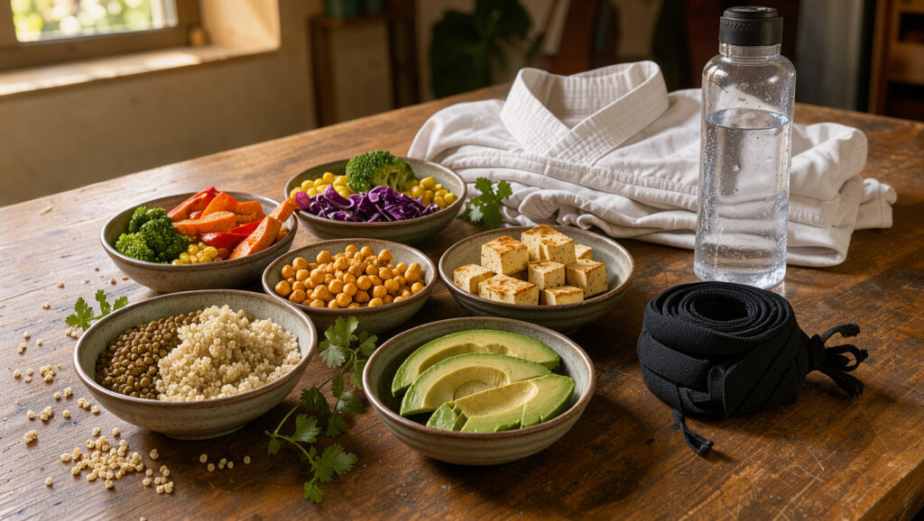 Repas végétal équilibré composé de lentilles, quinoa, tofu, pois chiches et légumes colorés, accompagné d’un uniforme d’arts martiaux et de bandes de protection.