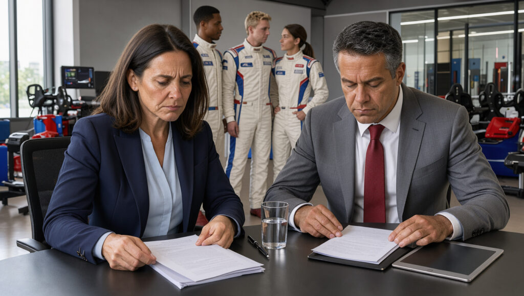 Réunion professionnelle de gouvernance dans un centre français de formation au sport automobile, avec de jeunes pilotes en combinaison visibles en arrière-plan.