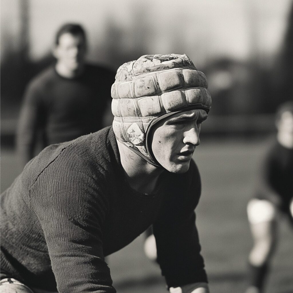 Joueur de rugby portant un casque de protection pendant un entraînement sur le terrain.
