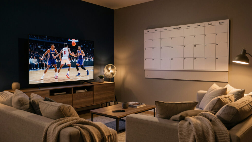 Salon moderne français plongé dans une ambiance nocturne, avec une télévision diffusant un match de basket américain, un calendrier sportif graphique et quelques accessoires de supporters aux couleurs sobres.