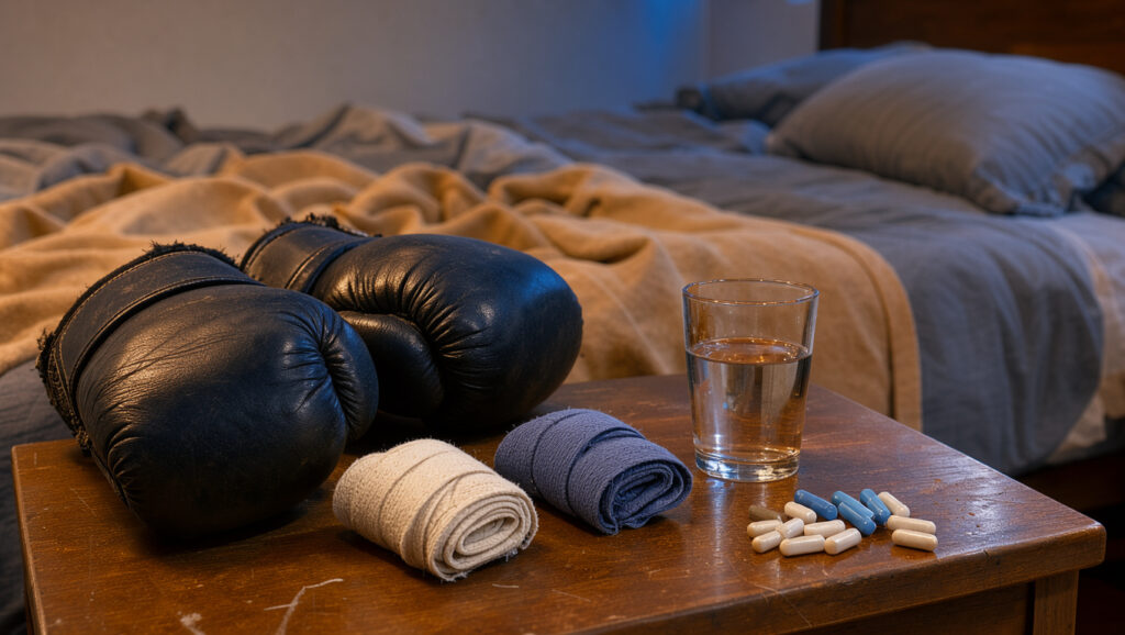 Gants de boxe, bandes de protection, verre d’eau et capsules de complément minéral disposés près d’un lit dans une lumière chaleureuse du soir.